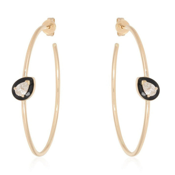 Black Onyx Teardrop Hoop Earrings in 14K Yellow Gold