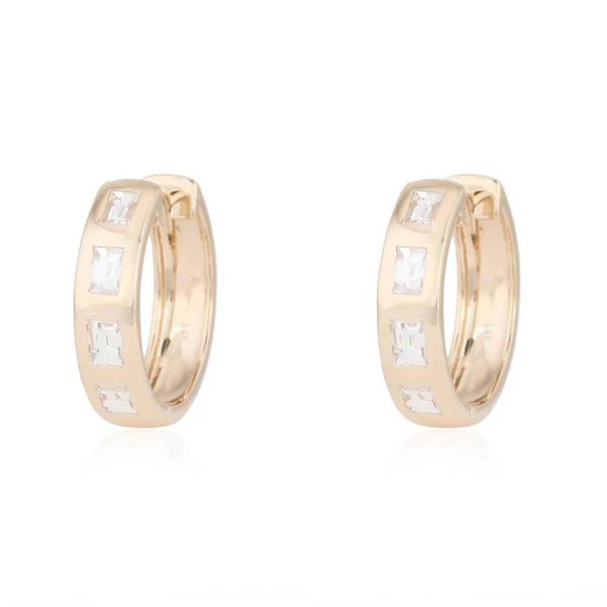 Baguette Huggie Diamond Hoop Earrings in 14K Yellow Gold