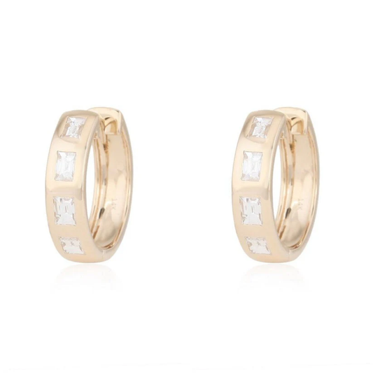 Baguette Huggie Diamond Hoop Earrings in 14K Yellow Gold