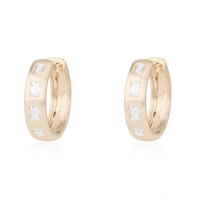 Baguette Huggie Diamond Hoop Earrings in 14K Yellow Gold