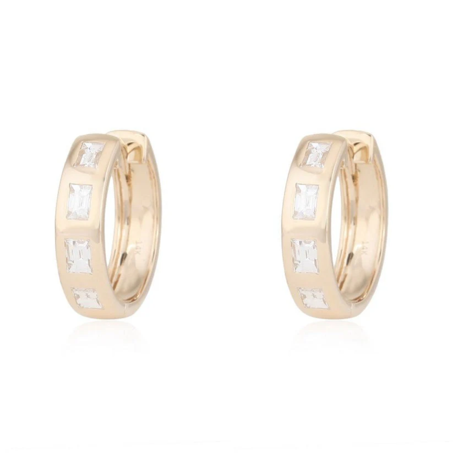 Baguette Huggie Diamond Hoop Earrings in 14K Yellow Gold