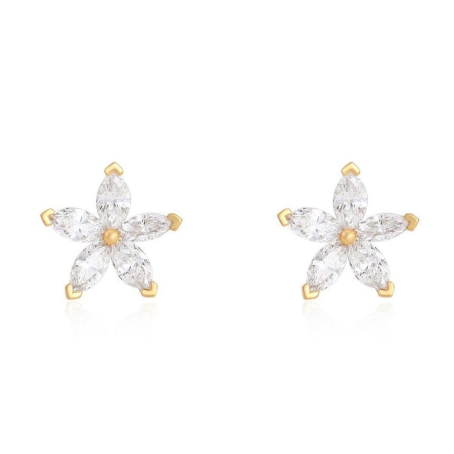 Marquise Star Diamond Flower Stud Earrings in 18K Yellow Gold