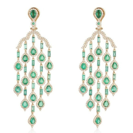 Multi-Sapphire Diamond Emerald Drop Earrings in 14K Yellow Gold