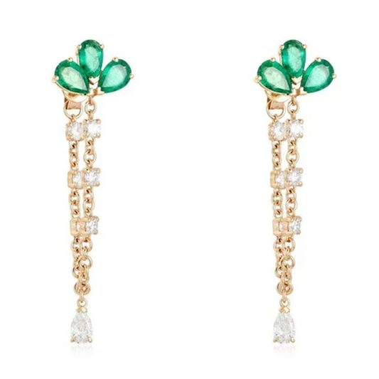 Emerald Cluster Chain Drop Earrings in 14K Yellow Gold