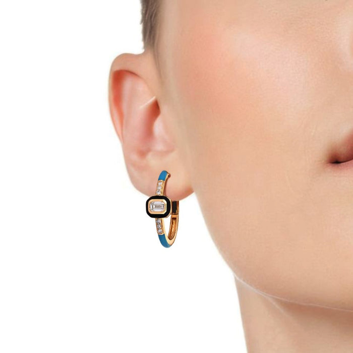 Sapphire Gemstones Diamond Hoop Earrings in 14K Yellow Gold