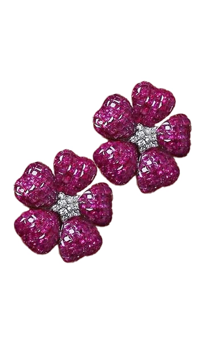 Diamonds Kissed Pink Blossom Stud Earrings in 14K Yellow Gold