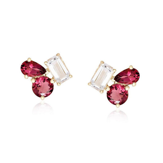 White Topaz Diamond Stud Earrings in 14K Yellow Gold