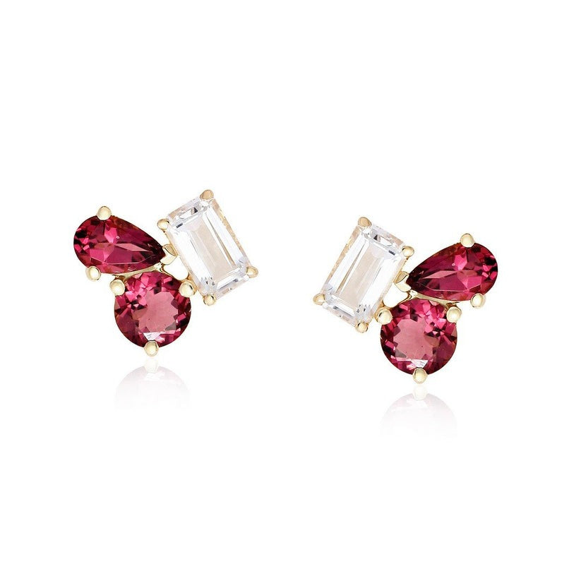 White Topaz Diamond Stud Earrings in 14K Yellow Gold