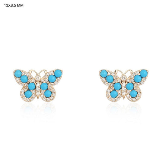Turquoise Butterfly Diamond Accents Stud Earrings in 14K Yellow Gold