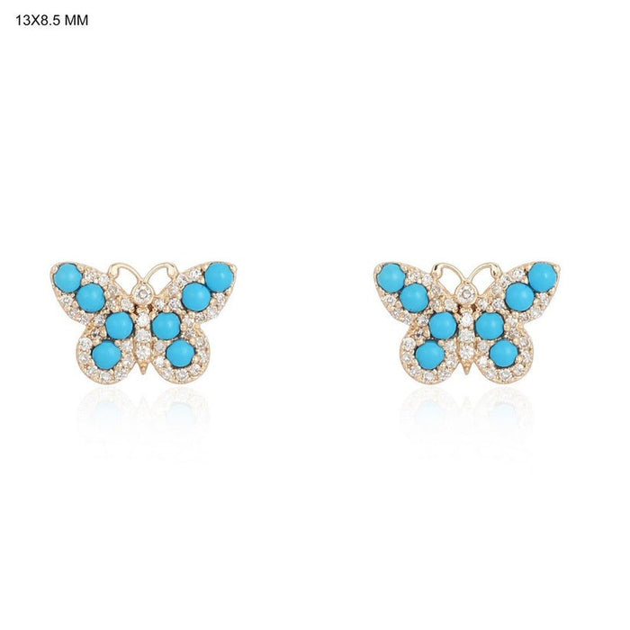 Turquoise Butterfly Diamond Accents Stud Earrings in 14K Yellow Gold