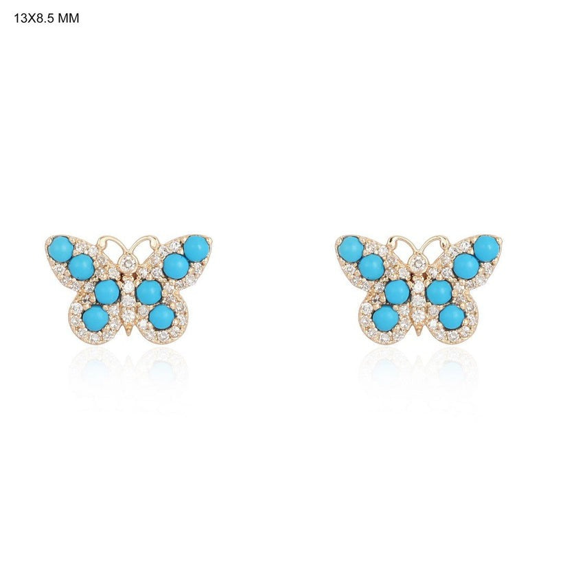 Turquoise Butterfly Diamond Accents Stud Earrings in 14K Yellow Gold