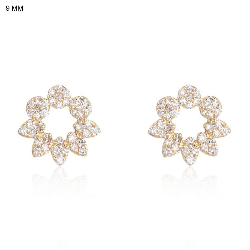 Pave Diamond Open Floral Stud Earrings in 14K Yellow Gold
