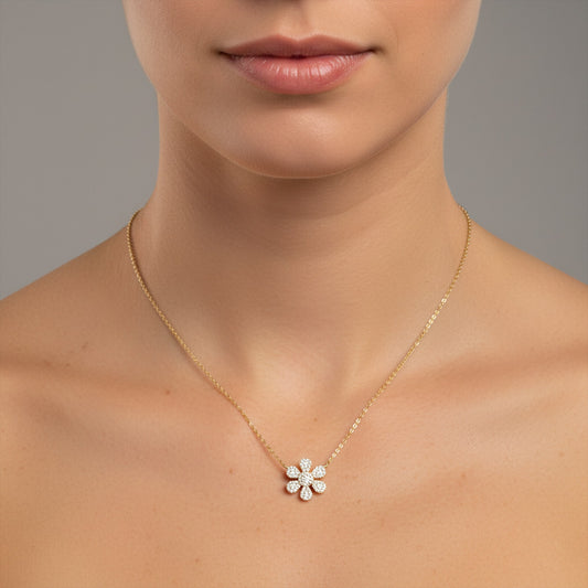 Diamond Flower Necklace in 14K Yellow Gold