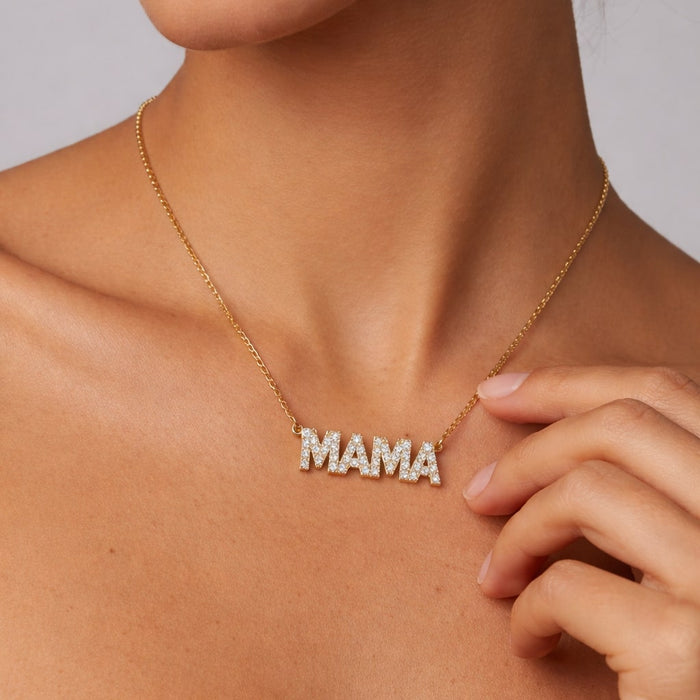 Mama Block Diamond Necklace in 14K Yellow Gold