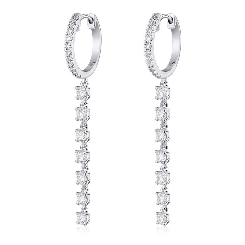 Diamond Huggie Chain Drop Earrings in 14K White Gold