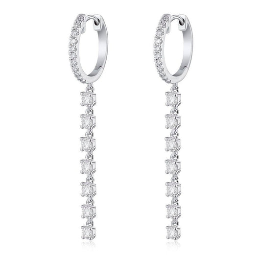 Diamond Huggie Chain Drop Earrings in 14K White Gold