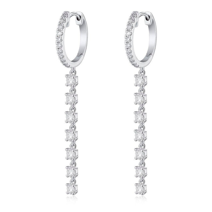Diamond Huggie Chain Drop Earrings in 14K White Gold