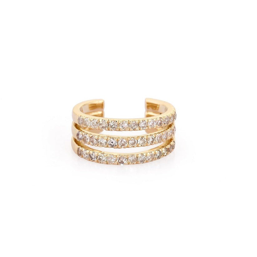 Triple Row Pave Diamond Ear Cuff Earrings in 14K Yellow Gold