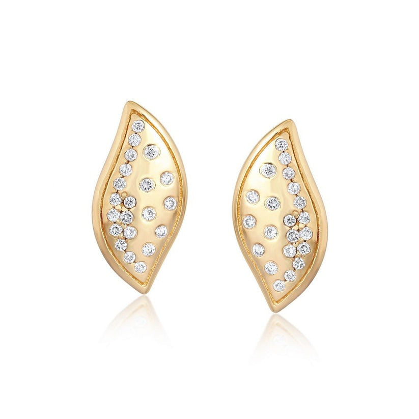 Leaf Shape Diamond Studs Earrings in 14K Yellow Gold