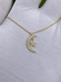 Diamond Crescent Moon Star Necklace in 14K Yellow Gold