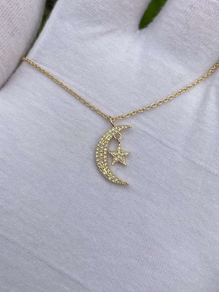 Diamond Crescent Moon Star Necklace in 14K Yellow Gold