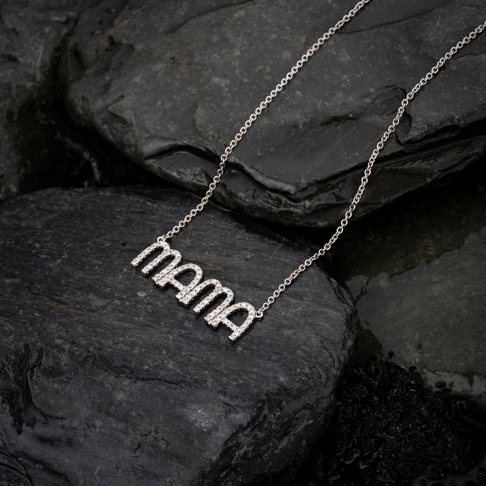 Stylish Round Diamond Mama Letter Necklace in 14K White Gold