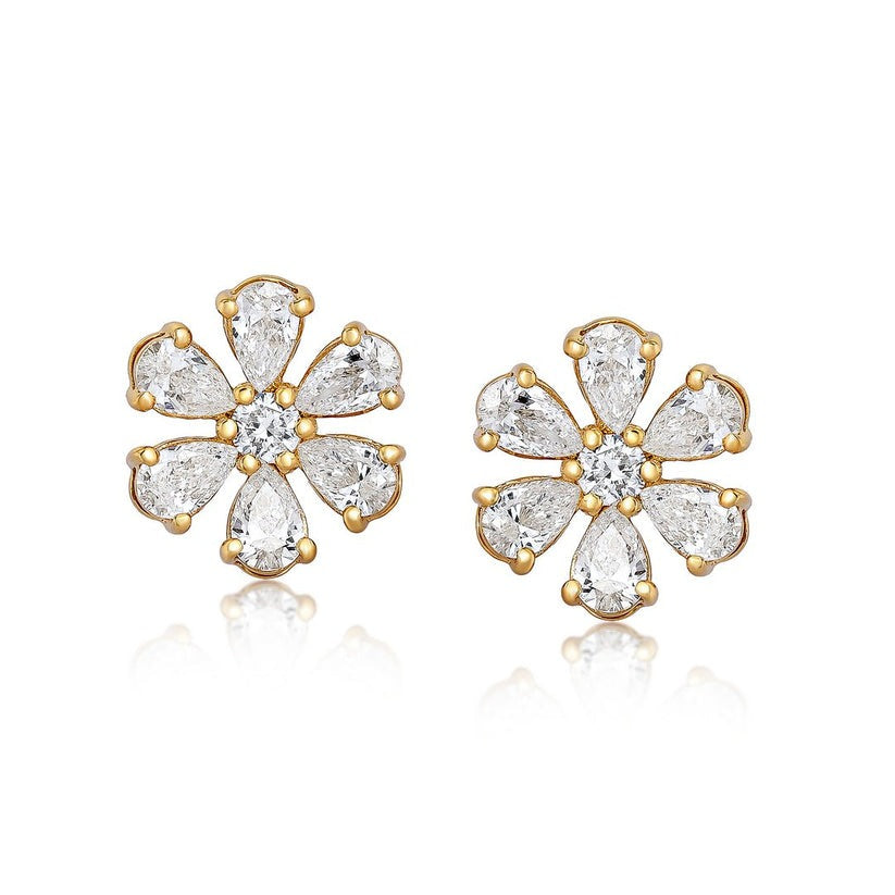 Pear Cut Flower Stud Earrings in 14K Yellow Gold