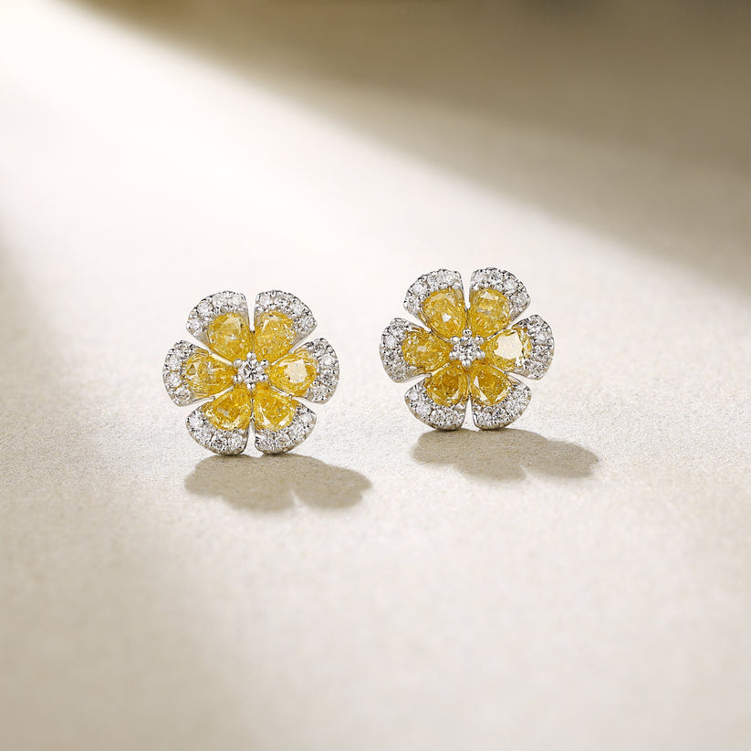 Masterful Flower Cut Diamond Stud Earrings in 14K Yellow Gold