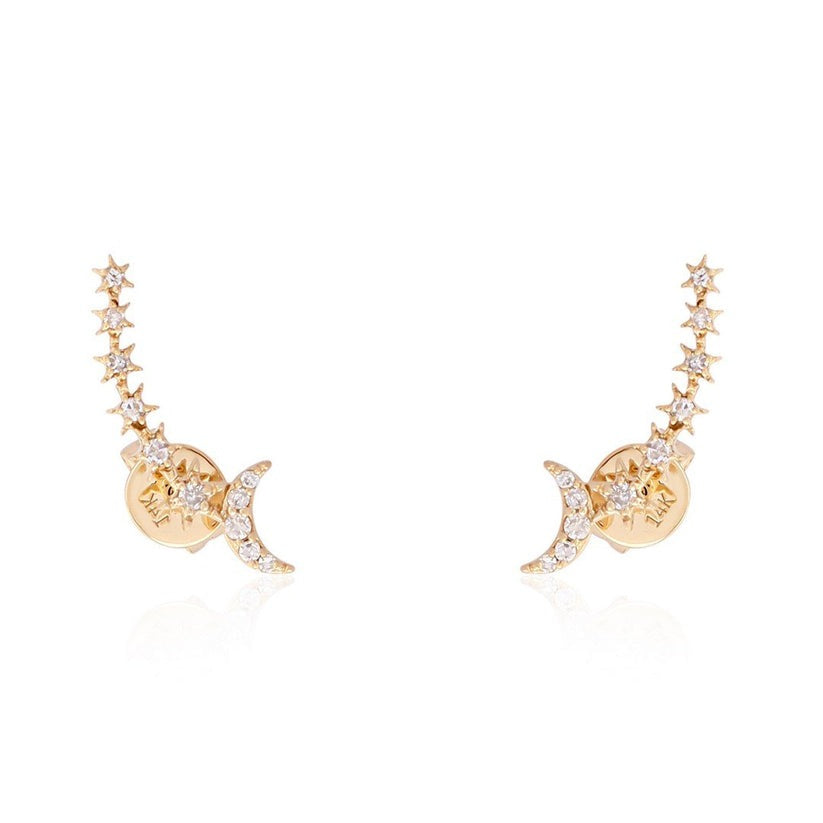 Crescent Diamond Stud Earrings in 14K Yellow Gold