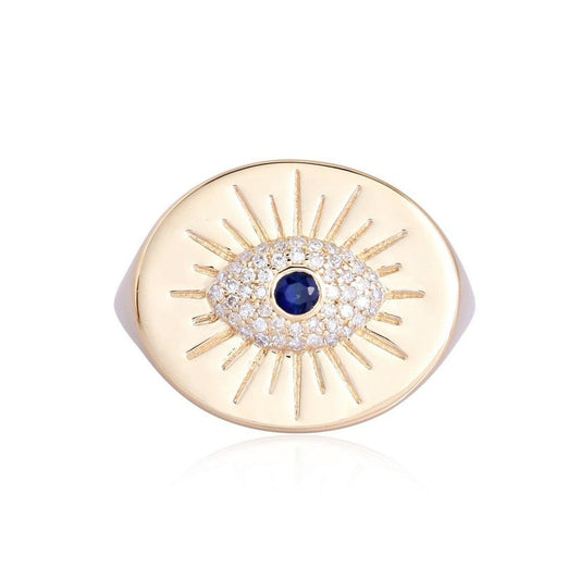 Pinnacle Blue Diamond Sapphire Signet Ring in 14K Yellow Gold