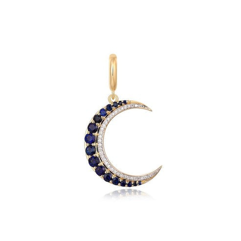 Blue Sapphire Moon Diamond Pendant Necklace in 14K Yellow Gold