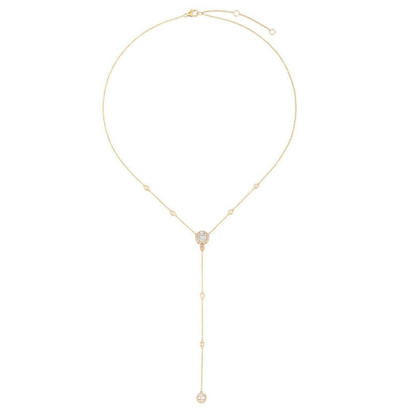 Round Diamond Baguette Lariat Necklace in 14K Yellow Gold