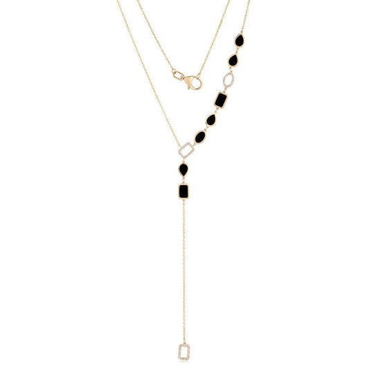 Black Onyx Diamond Lariat Necklace in 14K Yellow Gold