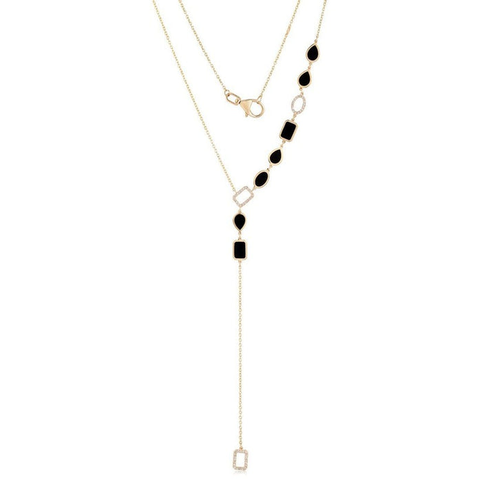 Black Onyx Diamond Lariat Necklace in 14K Yellow Gold