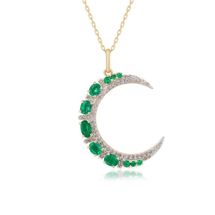 Sapphire Half Moon Diamond Pendant Necklace in 14K Yellow Gold