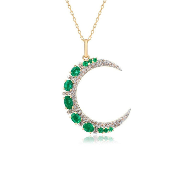 Sapphire Half Moon Diamond Pendant Necklace in 14K Yellow Gold