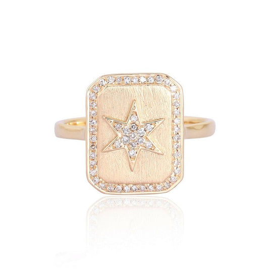 Diamond Starburst Signet Ring in 14K Yellow Gold