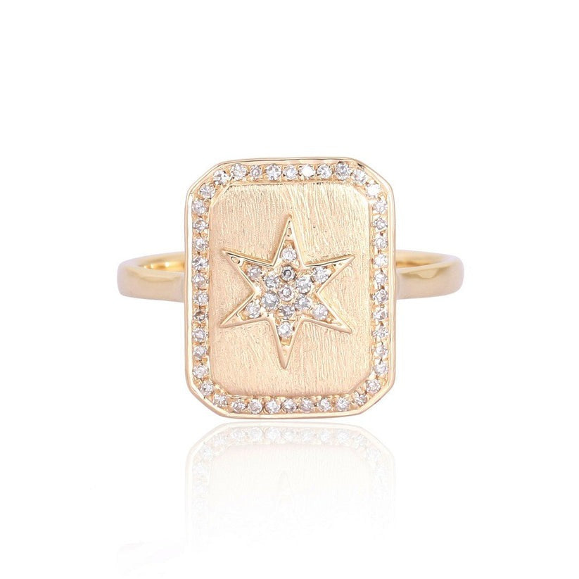 Diamond Starburst Signet Ring in 14K Yellow Gold