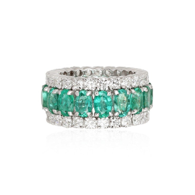 Emerald Diamond Triple Row Eternity Band Ring in 14K Yellow Gold