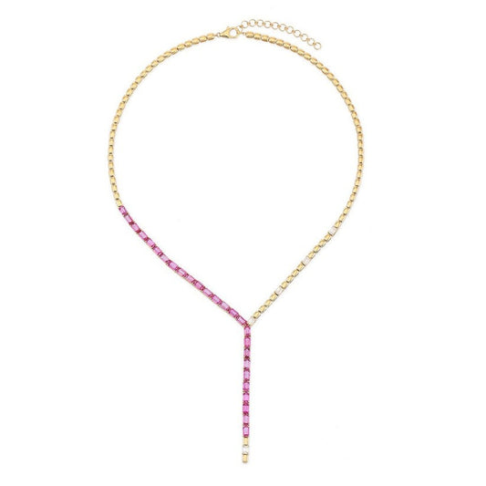 Pink Sapphire Emerald Diamond Lariat Necklace in 14K Yellow Gold