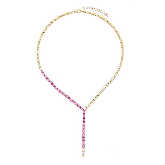 Pink Sapphire Emerald Diamond Lariat Necklace in 14K Yellow Gold