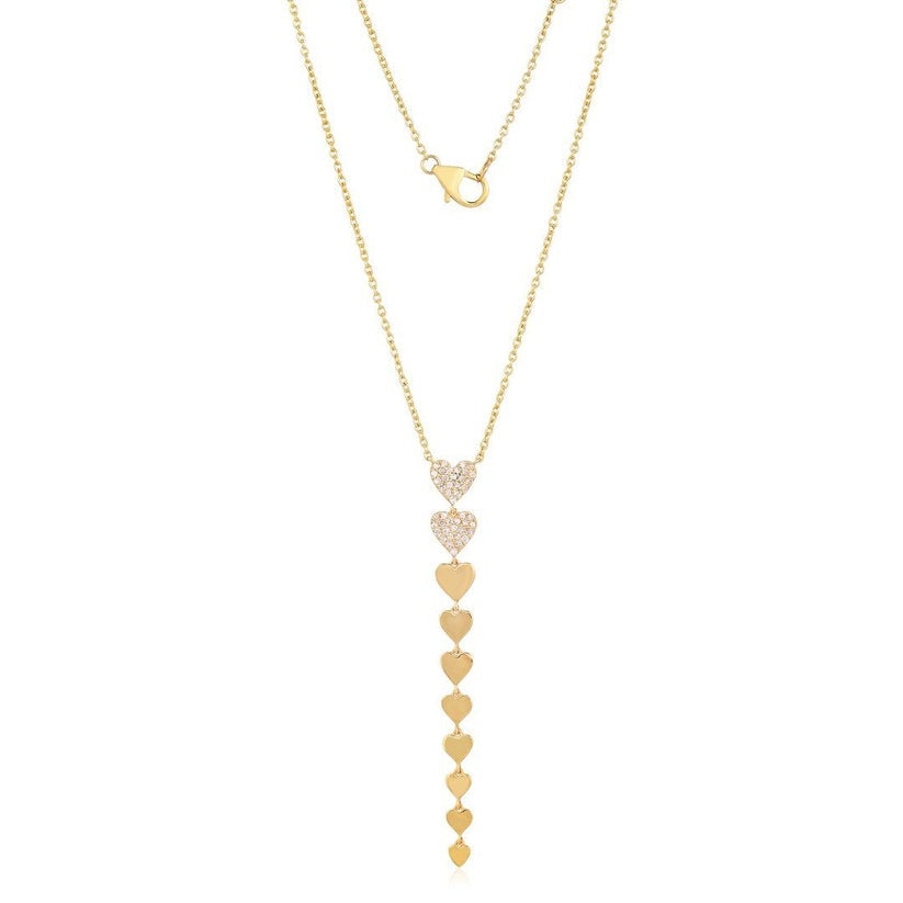 Diamond Pave Polished Heart Drop Necklace in 14K Yellow Gold