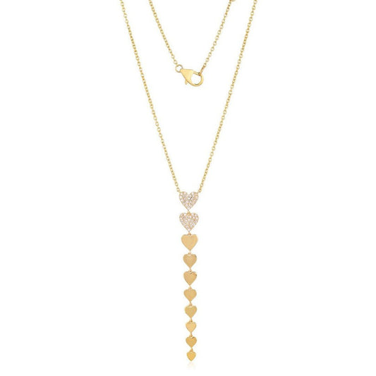 Diamond Pave Polished Heart Drop Necklace in 14K Yellow Gold