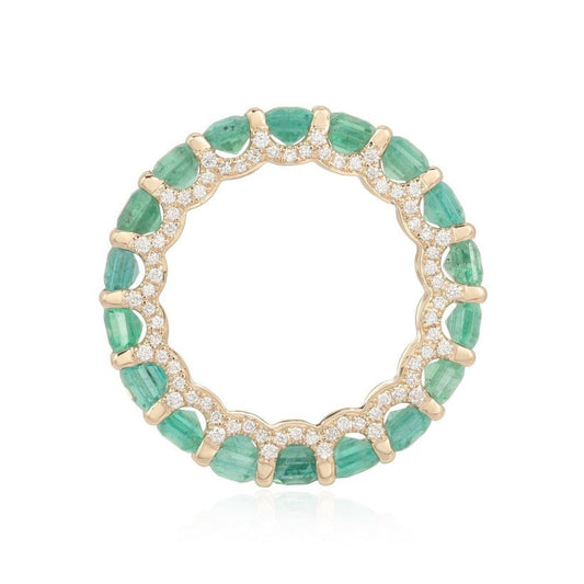 Emerald Diamond Scalloped Circle Ring in 14K Yellow Gold