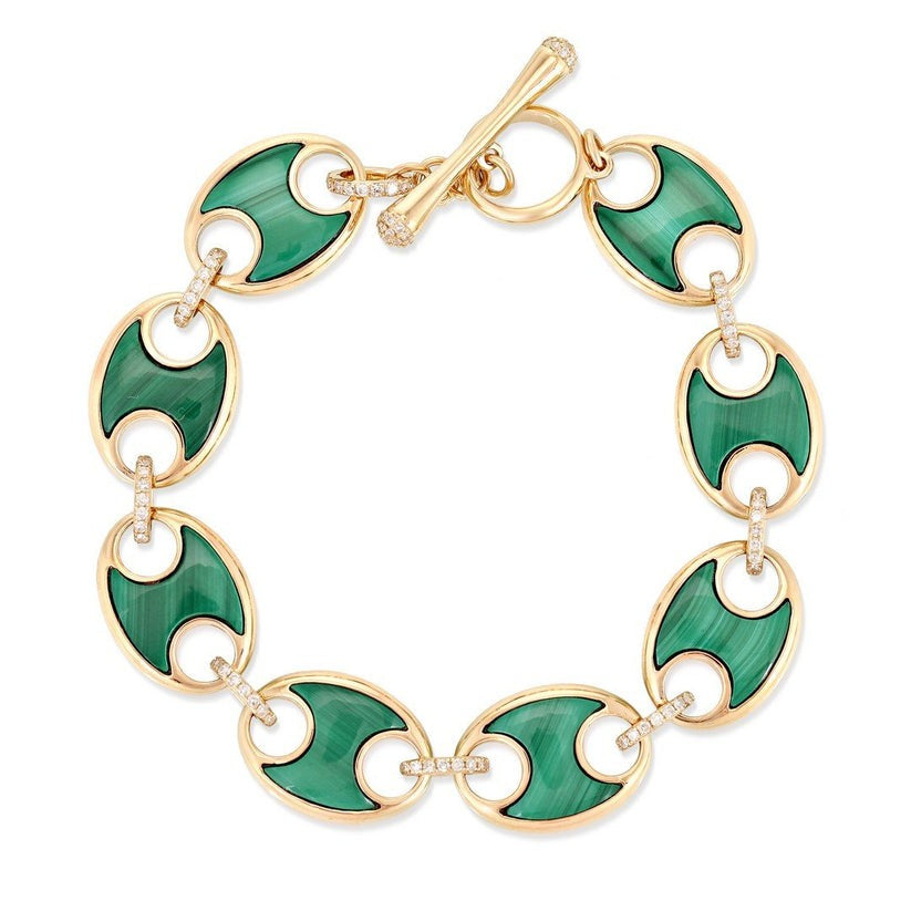 Malachite Diamond Toggle Clasp Link Bracelet in 14K Yellow Gold