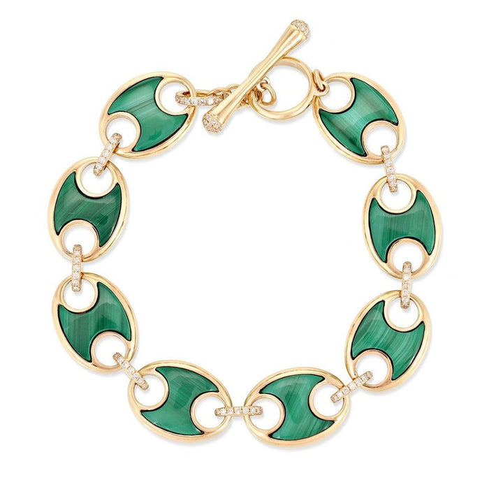 Malachite Diamond Toggle Clasp Link Bracelet in 14K Yellow Gold