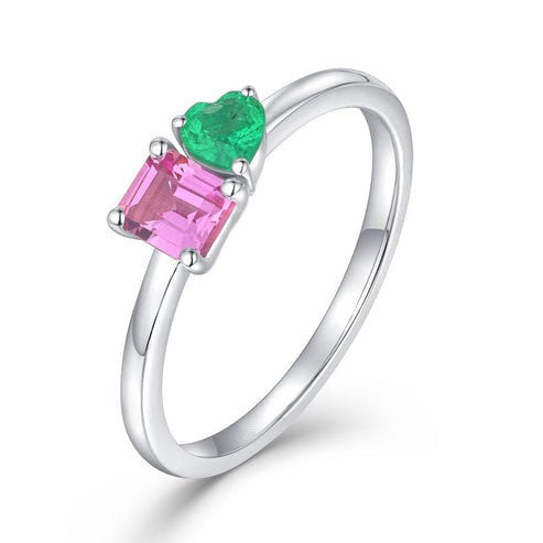 Pink Green Gemstones Ring in 14K White Gold
