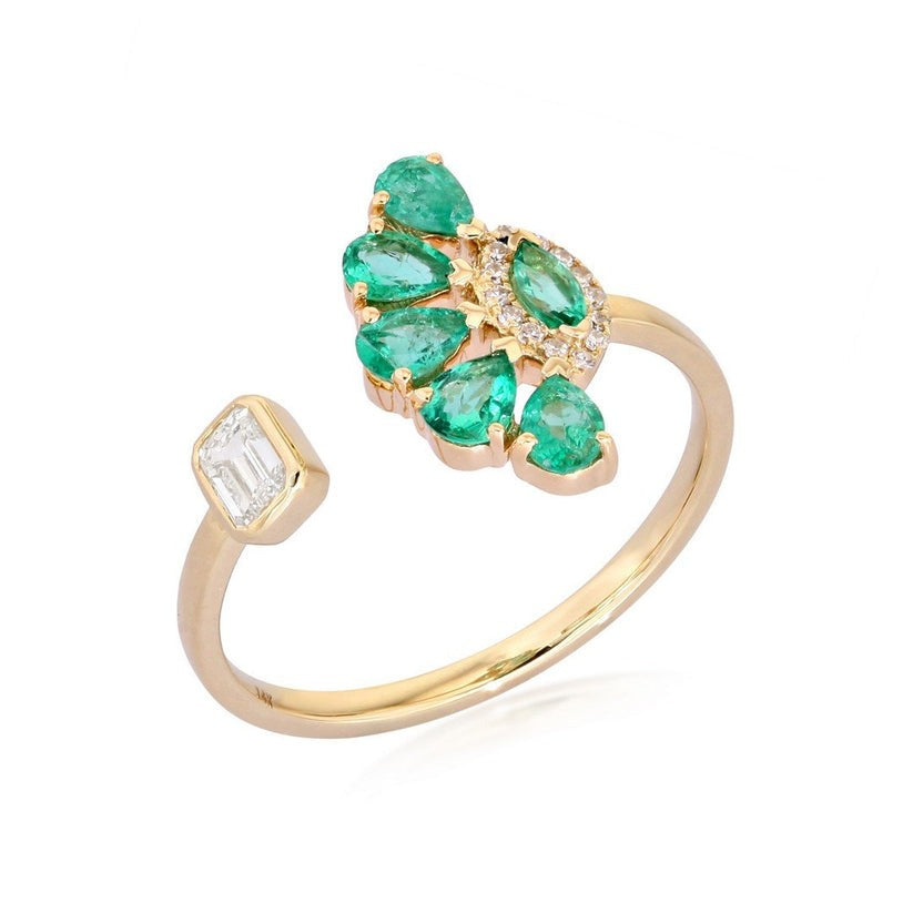 Open Ring Emerald Cluster Diamond Ring in 14K Yellow Gold