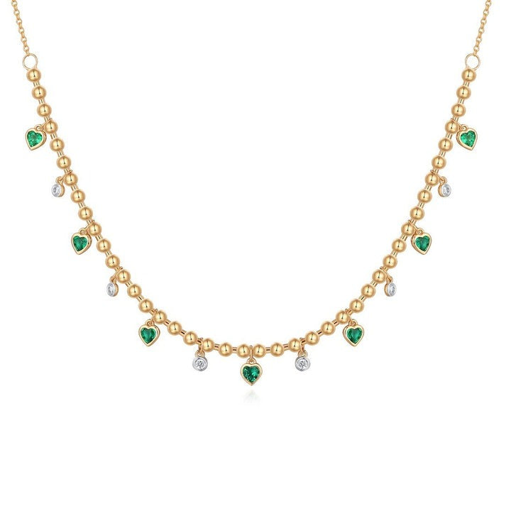 Heart Shaped Emerald Diamond Bead Necklace in 14K Yellow Gold