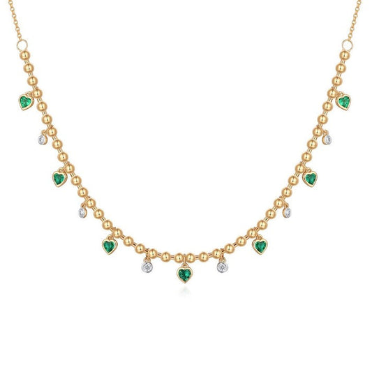 Heart Shaped Emerald Diamond Bead Necklace in 14K Yellow Gold